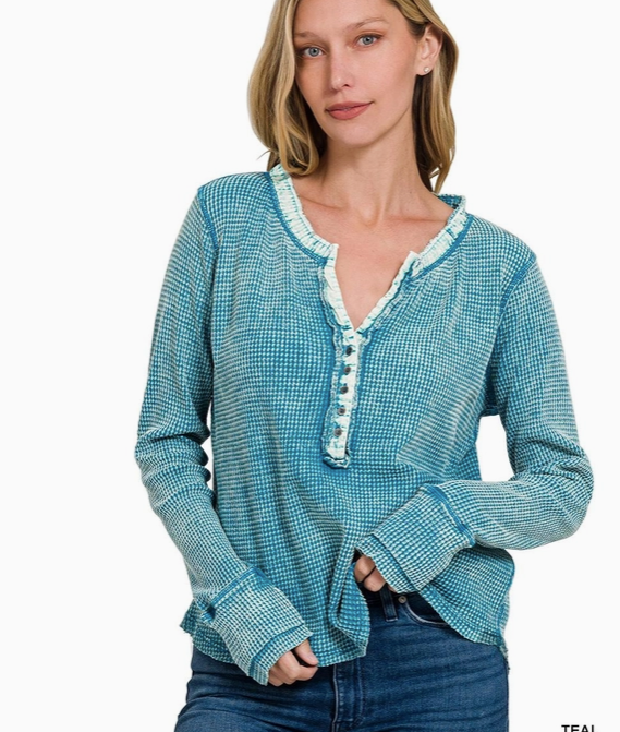 Moss Green DIstressed Thermal Waffle Henley