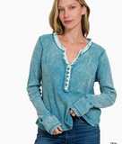 Moss Green DIstressed Thermal Waffle Henley