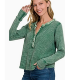 Moss Green DIstressed Thermal Waffle Henley