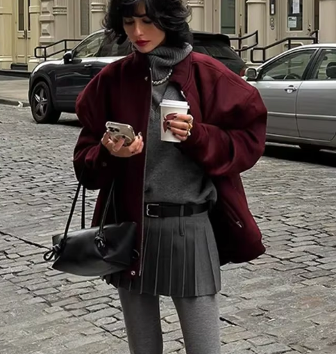 Burgundy Wine Oversized Bomber Jacket