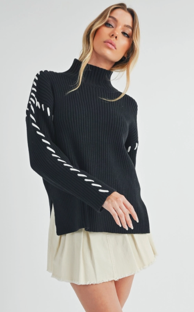 Black Cable Knit Drop Shoulder Outer WhipStitch Sweater