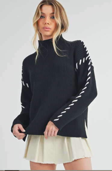 Black Cable Knit Drop Shoulder Outer WhipStitch Sweater