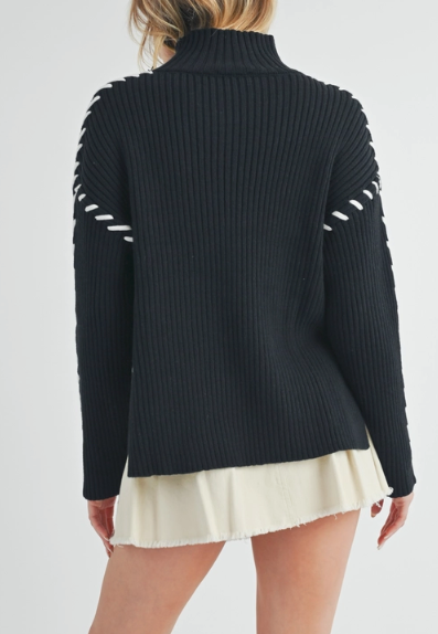 Black Cable Knit Drop Shoulder Outer WhipStitch Sweater