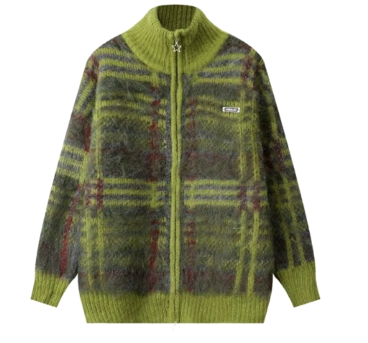 GREEN PLAID MOHAIR BOMBER SWEATER JACKET