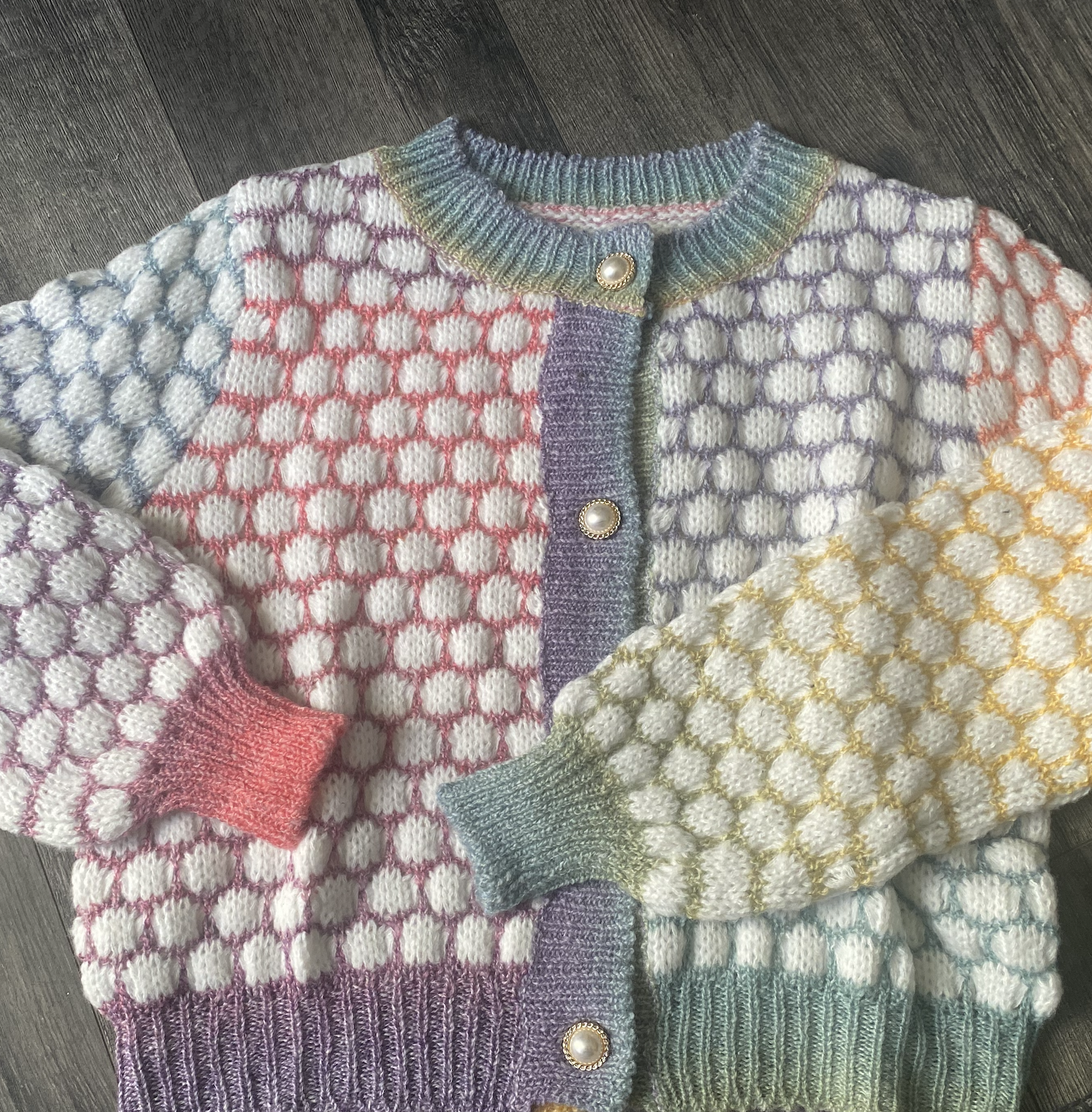 Bubble Crochet Knit Pastel Colorblock Cardigan