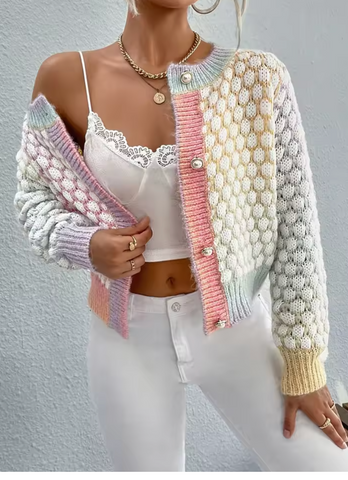 Bubble Crochet Knit Pastel Colorblock Cardigan