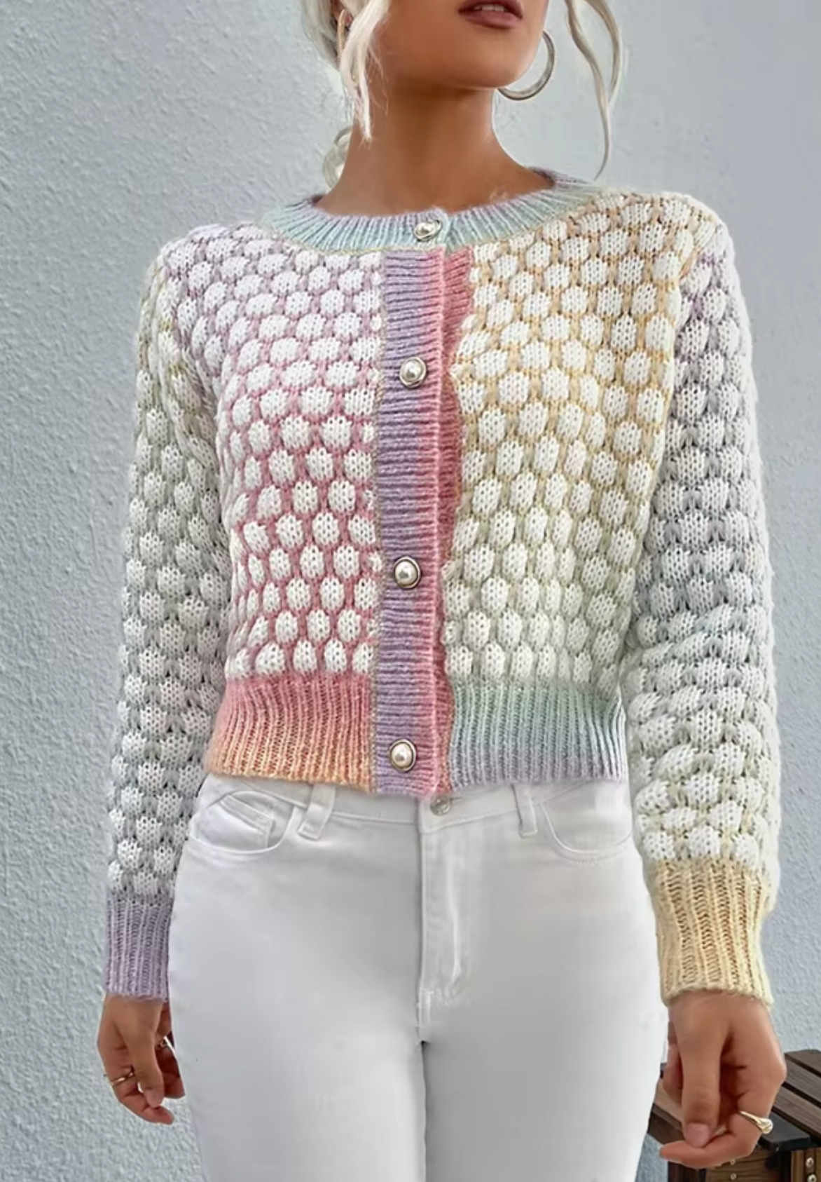 Bubble Crochet Knit Pastel Colorblock Cardigan