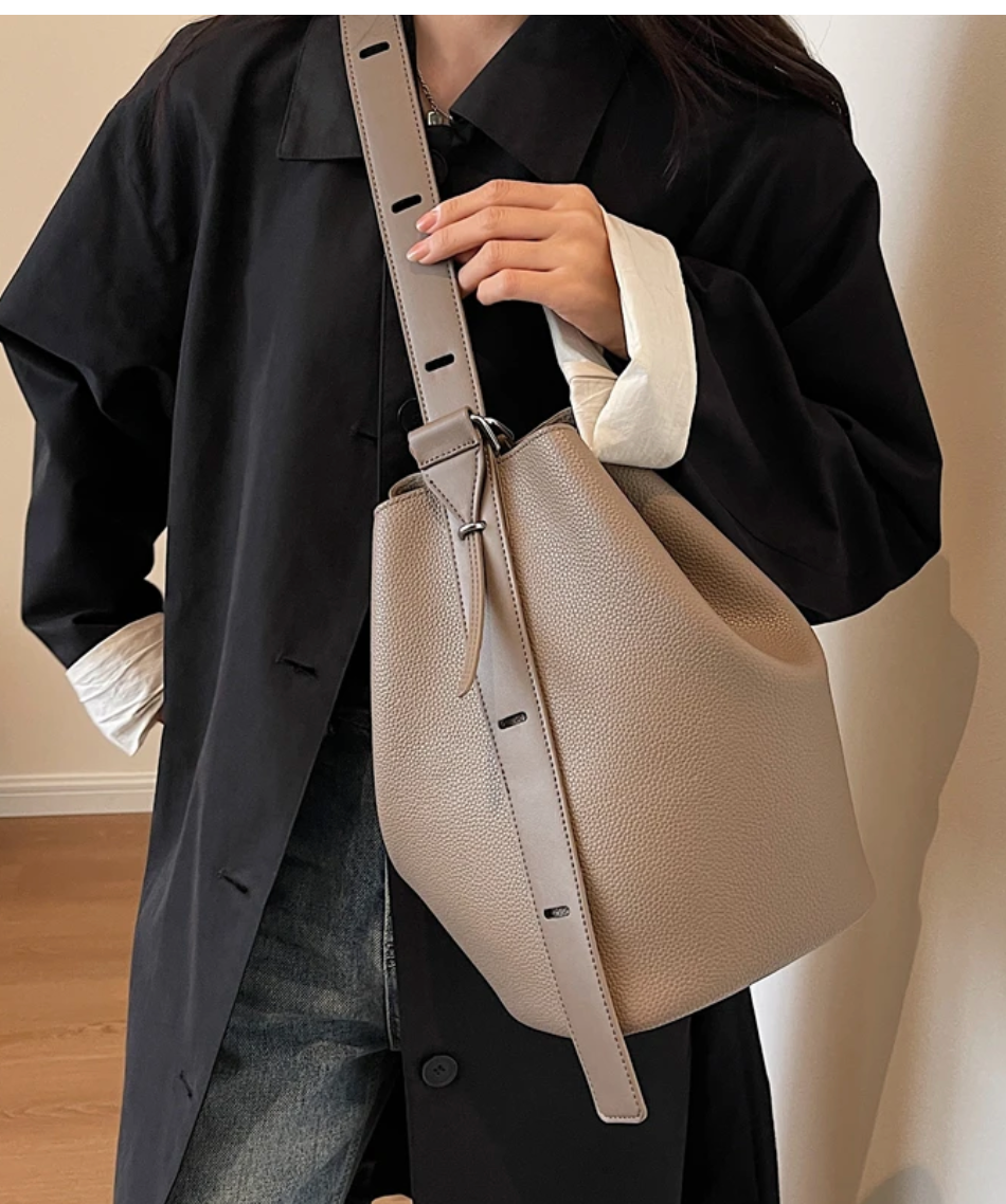 Genuine Leather Shoulder Shopper Bucket Bag (COLOR OPTIONS)