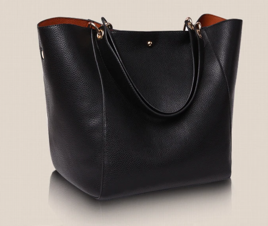Leather Black Tote  2 Piece