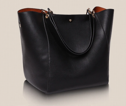 Leather Black Tote  2 Piece