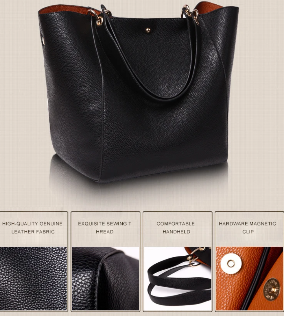 Leather Black Tote  2 Piece