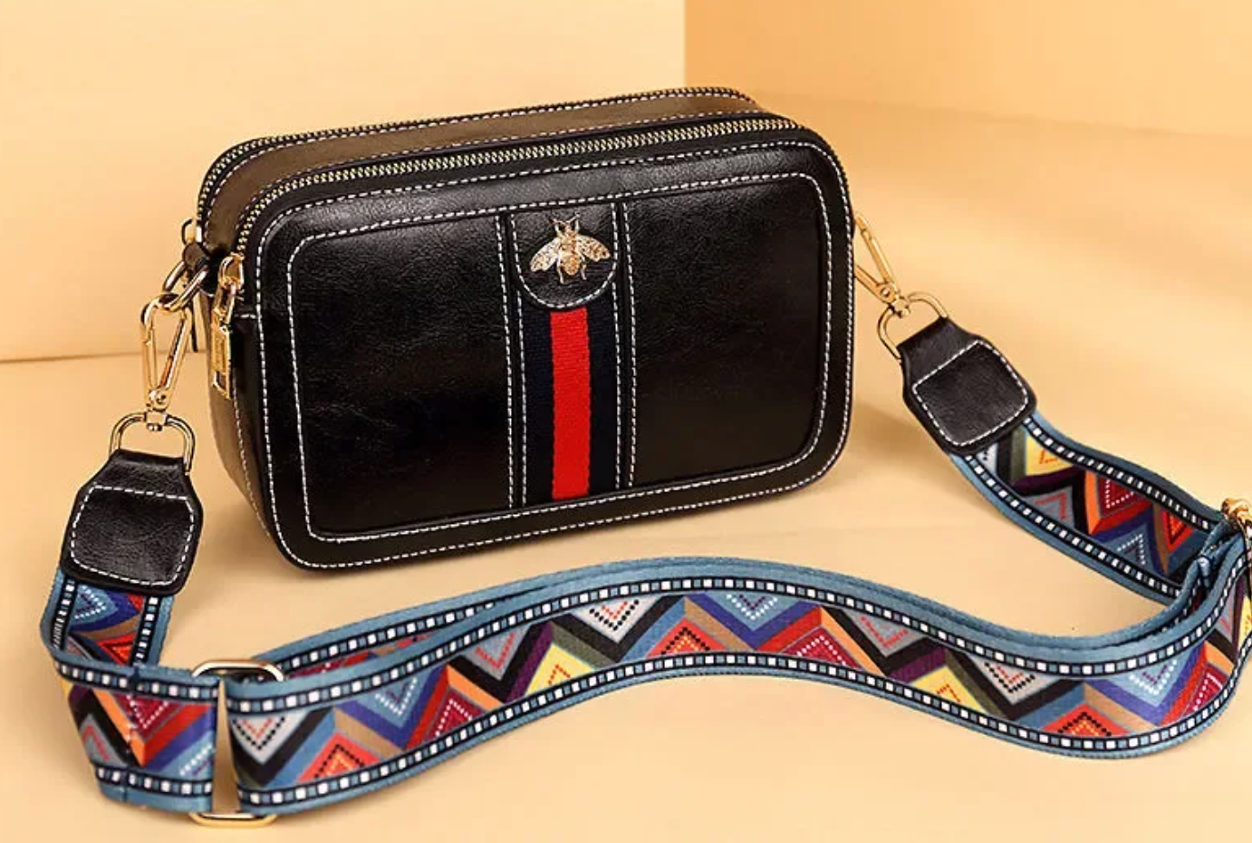 Black Queen Bee Mini Crossbody with Guitar Strap