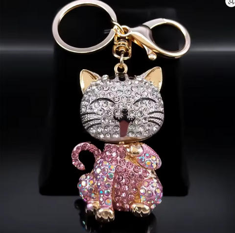 PINK RHINESTONE KITTY Purse Charm Key Chain