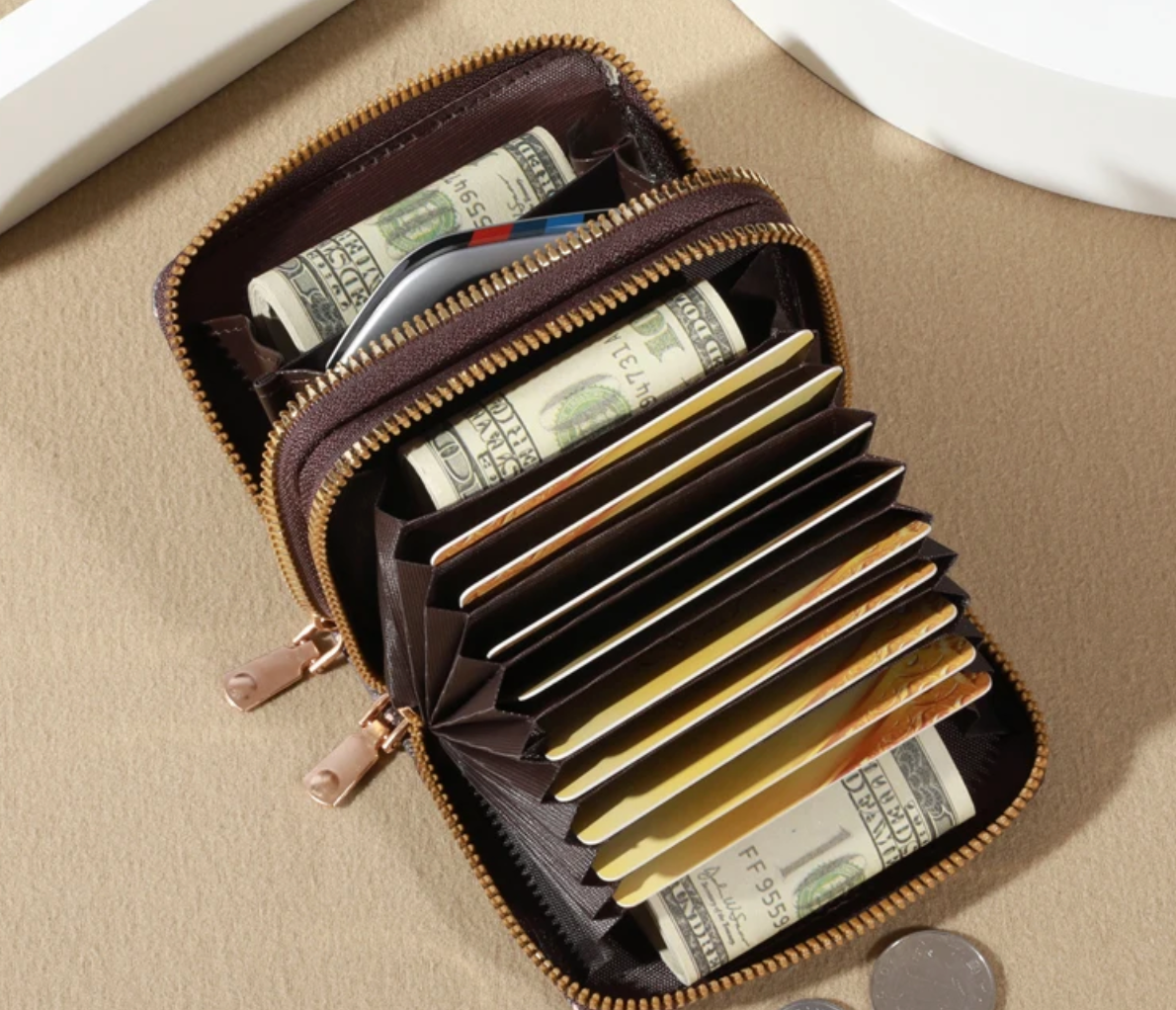 Monogramed Leather Zip Card Holder Wallet