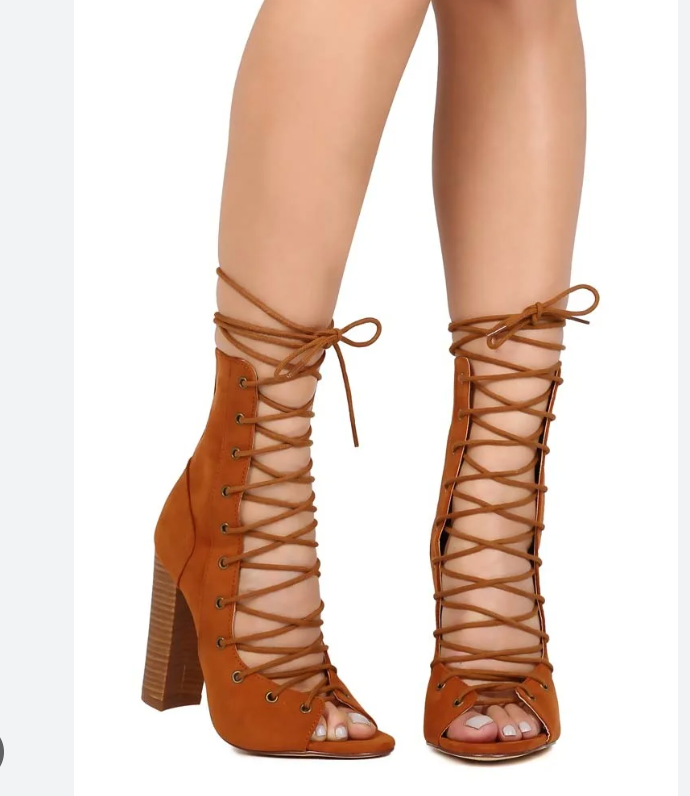 RETRO Liliana Sage-11 Leatherette Peep Toe Lace Up  Cutout Heel Bootie