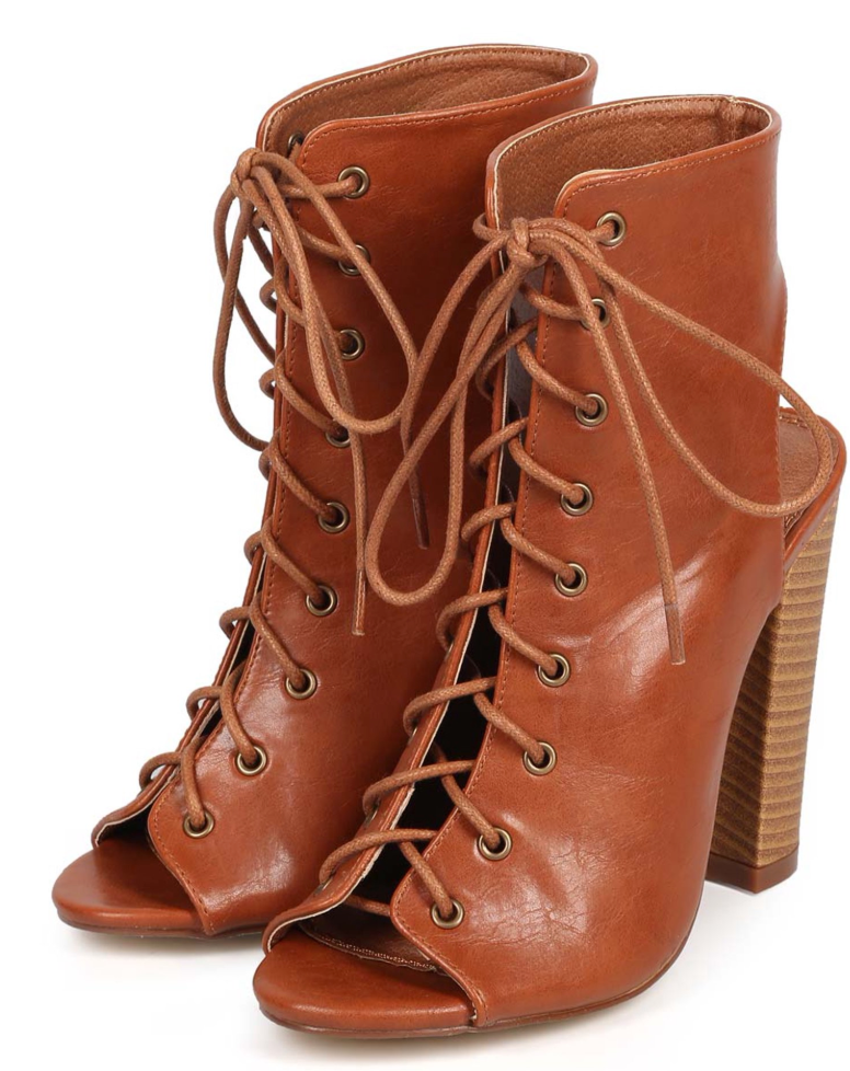 RETRO Liliana Sage-11 Leatherette Peep Toe Lace Up  Cutout Heel Bootie