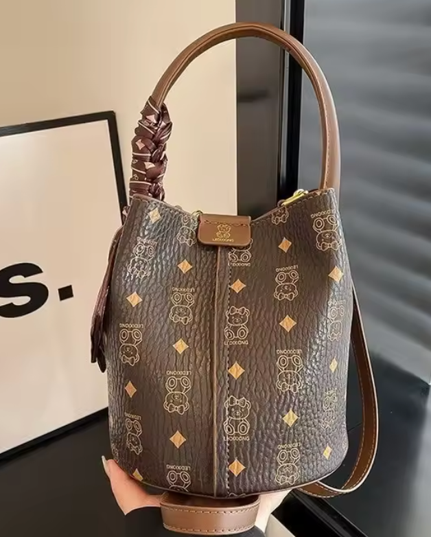 BABY BEAR MONOGRAMMED LEATHER BUCKET BAG