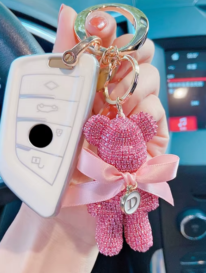 RHINESTONE BEAR PURSE CHARM PINK OR SILVER