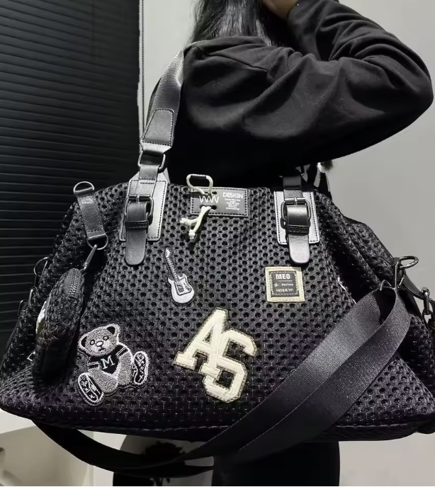 Black Leather Mesh Logo Travel Tote Bag