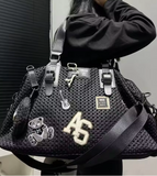 Black Leather Mesh Logo Travel Tote Bag