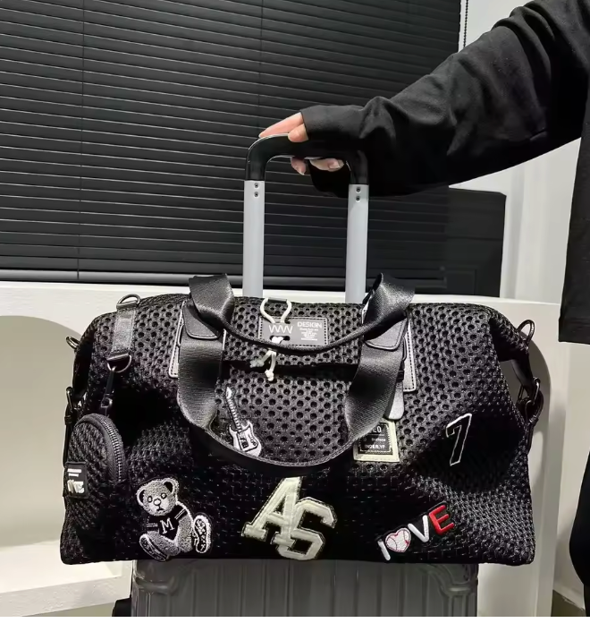 Black Leather Mesh Logo Travel Tote Bag