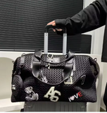 Black Leather Mesh Logo Travel Tote Bag