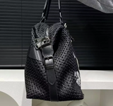 Black Leather Mesh Logo Travel Tote Bag