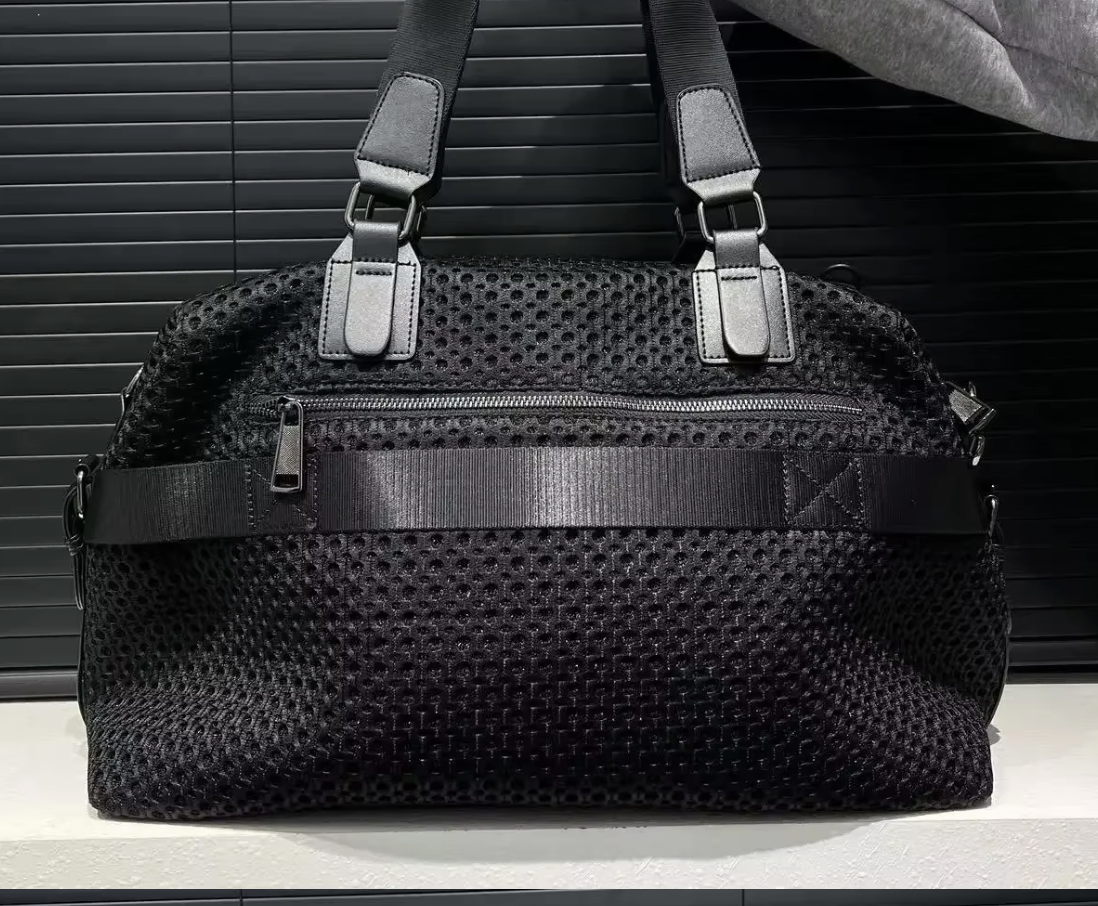 Black Leather Mesh Logo Travel Tote Bag