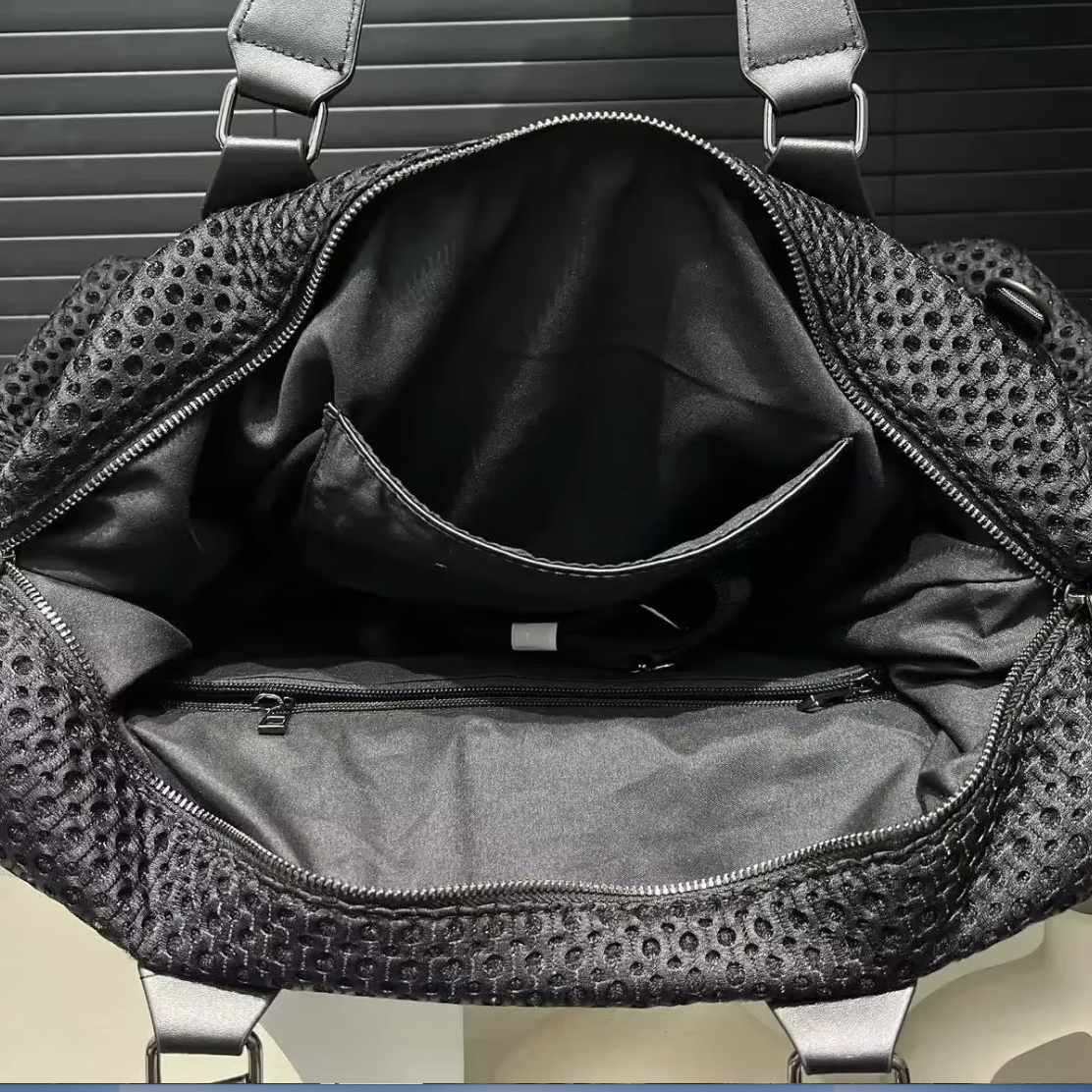 Black Leather Mesh Logo Travel Tote Bag