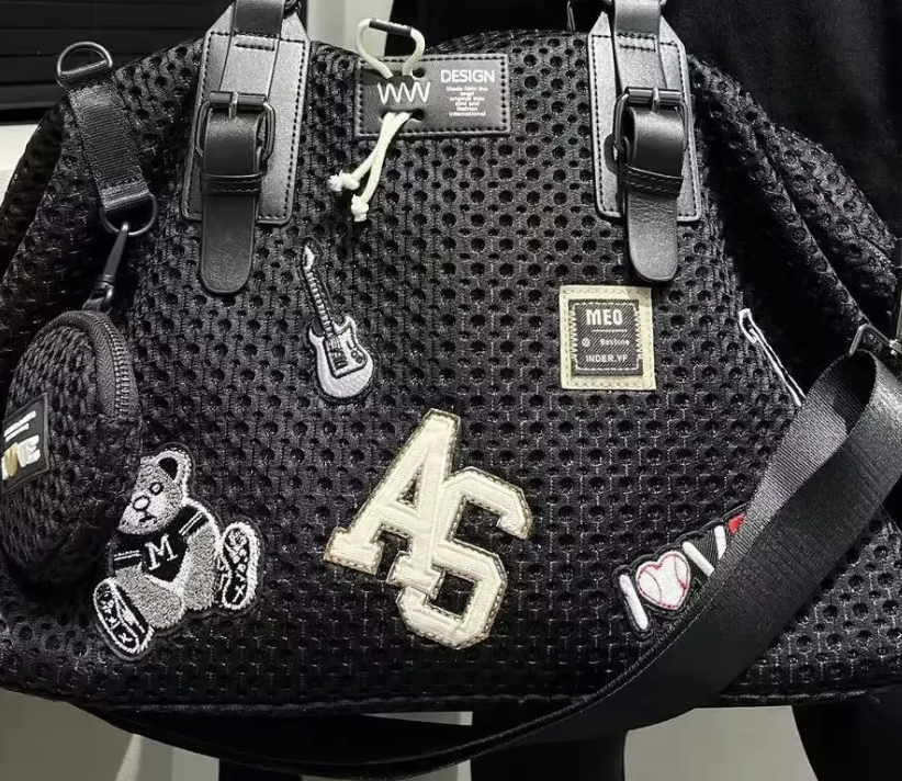 Black Leather Mesh Logo Travel Tote Bag