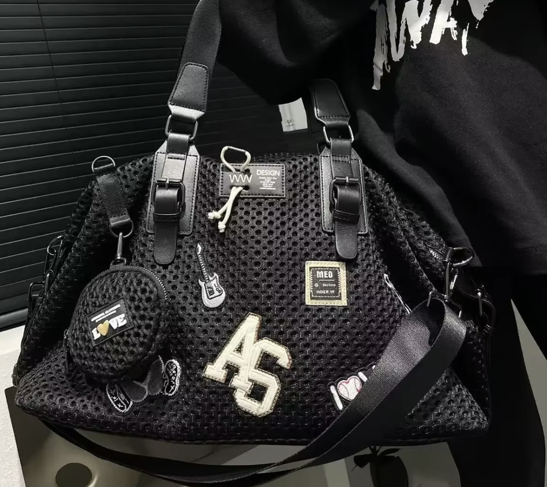 Black Leather Mesh Logo Travel Tote Bag
