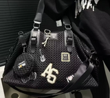 Black Leather Mesh Logo Travel Tote Bag