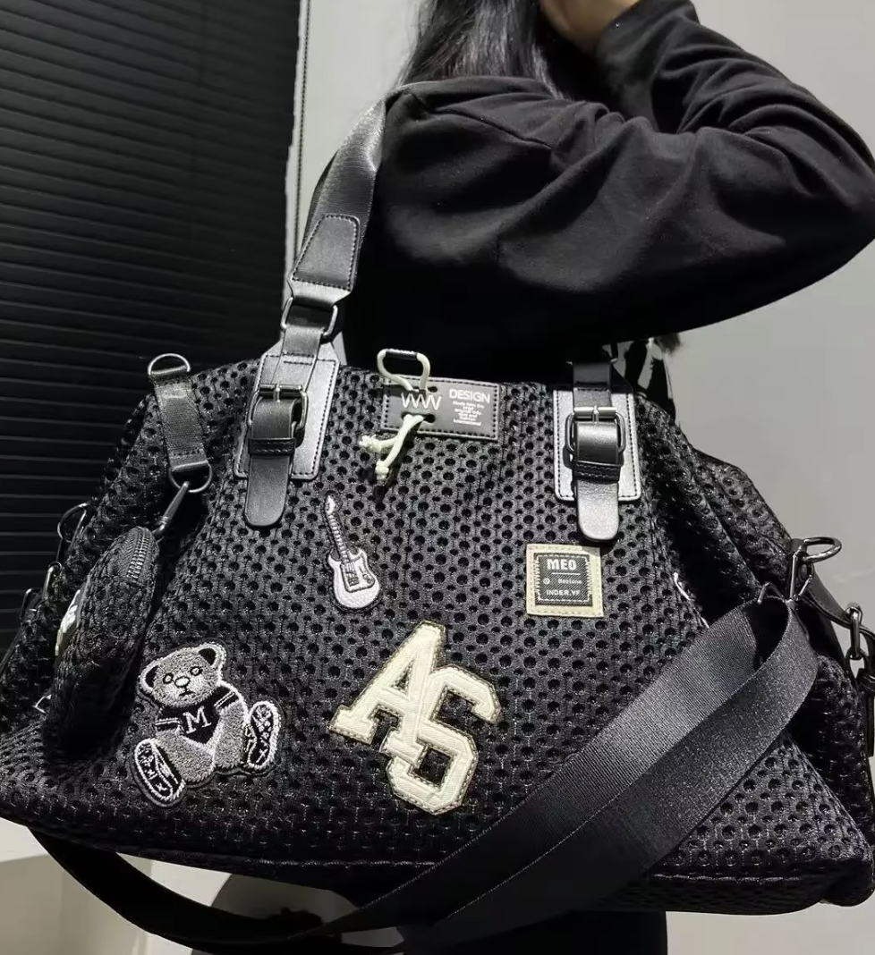 Black Leather Mesh Logo Travel Tote Bag