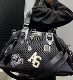 Black Leather Mesh Logo Travel Tote Bag