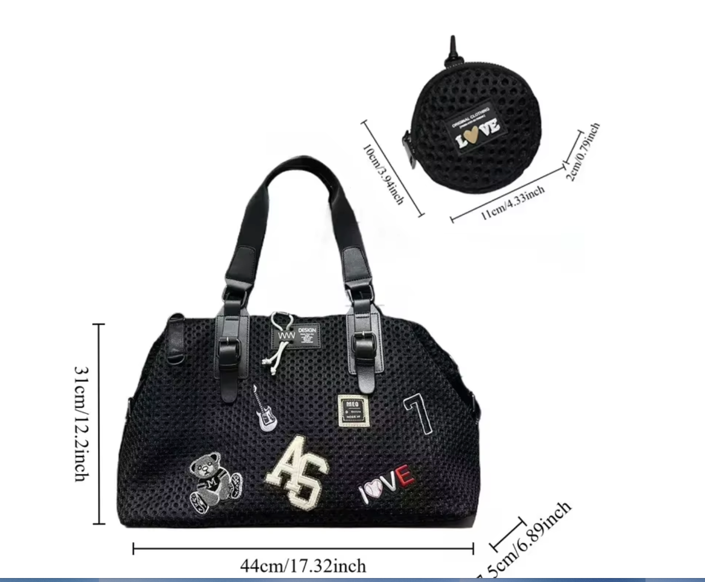 Black Leather Mesh Logo Travel Tote Bag