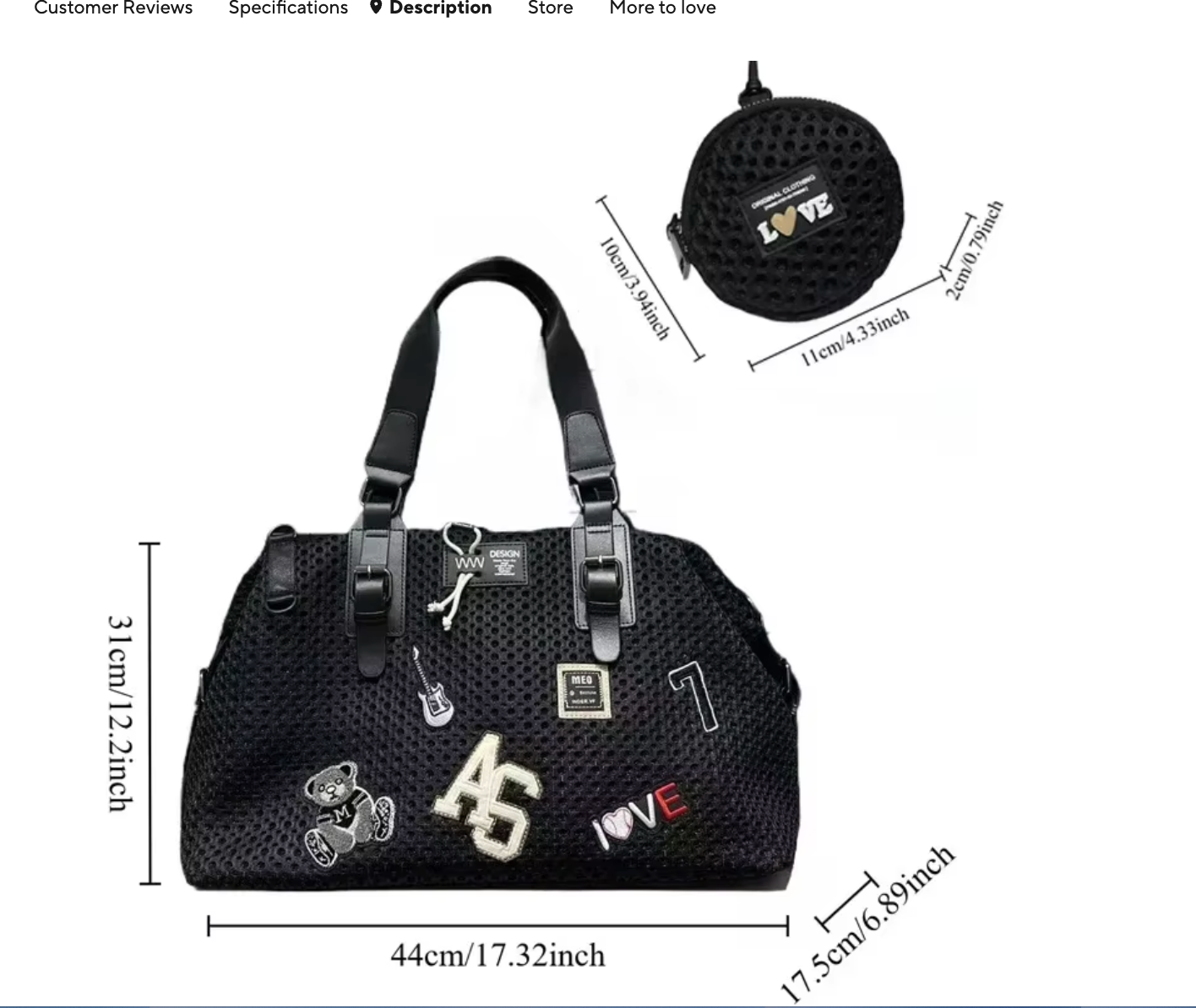 Black Leather Mesh Logo Travel Tote Bag