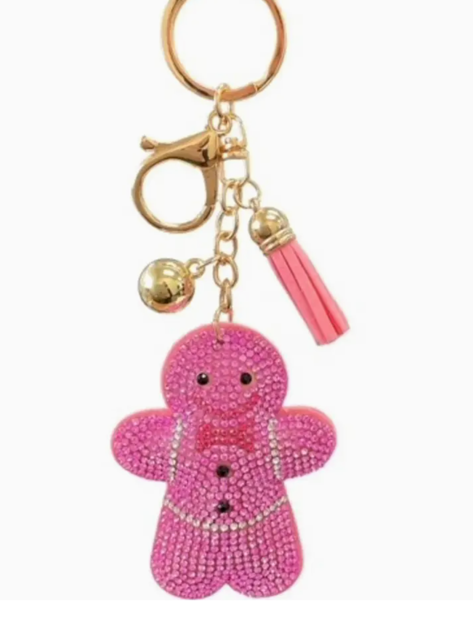 PINK RHINESTONE GINGERBREAD PURSE CHARM KEY CHAIN