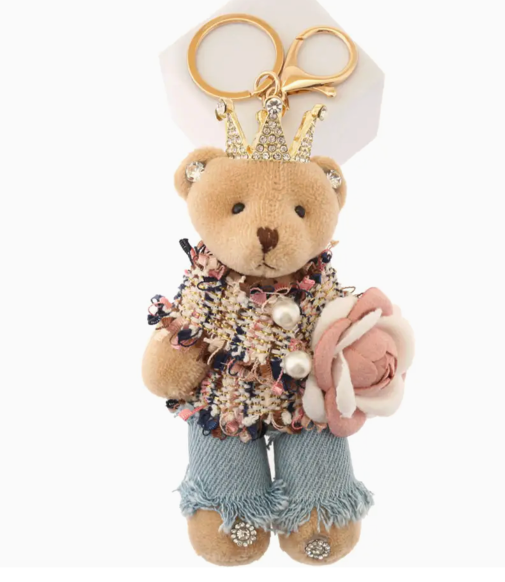 CROWNED JEWEL BEAR PLUSHIE  with PINK KNIT WRAP and JEANS