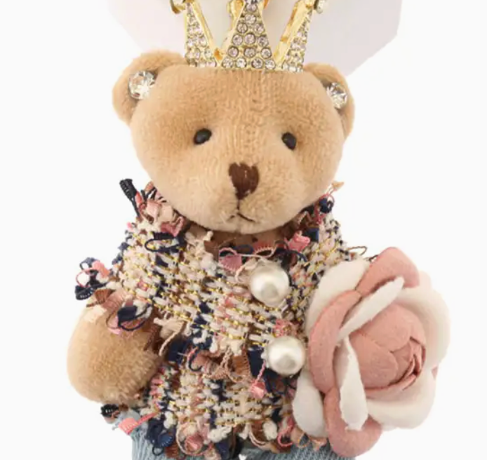 CROWNED JEWEL BEAR PLUSHIE  with PINK KNIT WRAP and JEANS