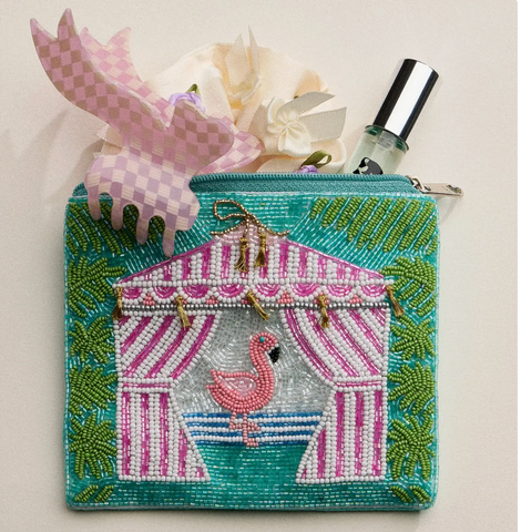 Flamingo Cabana Beaded Summer Pouch