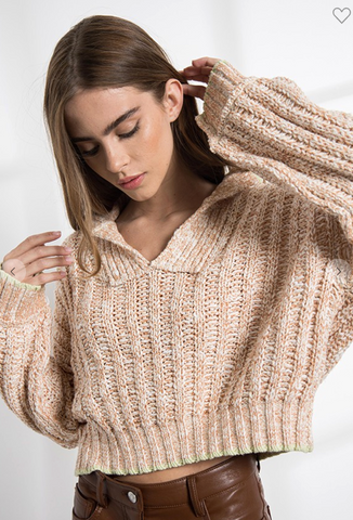 Cream V Neck Cable Knit Waist Crop Trimmed Sweater
