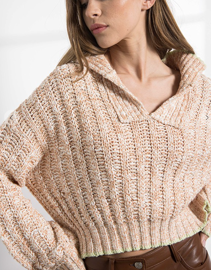 Cream V Neck Cable Knit Waist Crop Trimmed Sweater