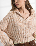 Cream V Neck Cable Knit Waist Crop Trimmed Sweater