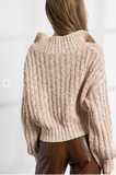Cream V Neck Cable Knit Waist Crop Trimmed Sweater