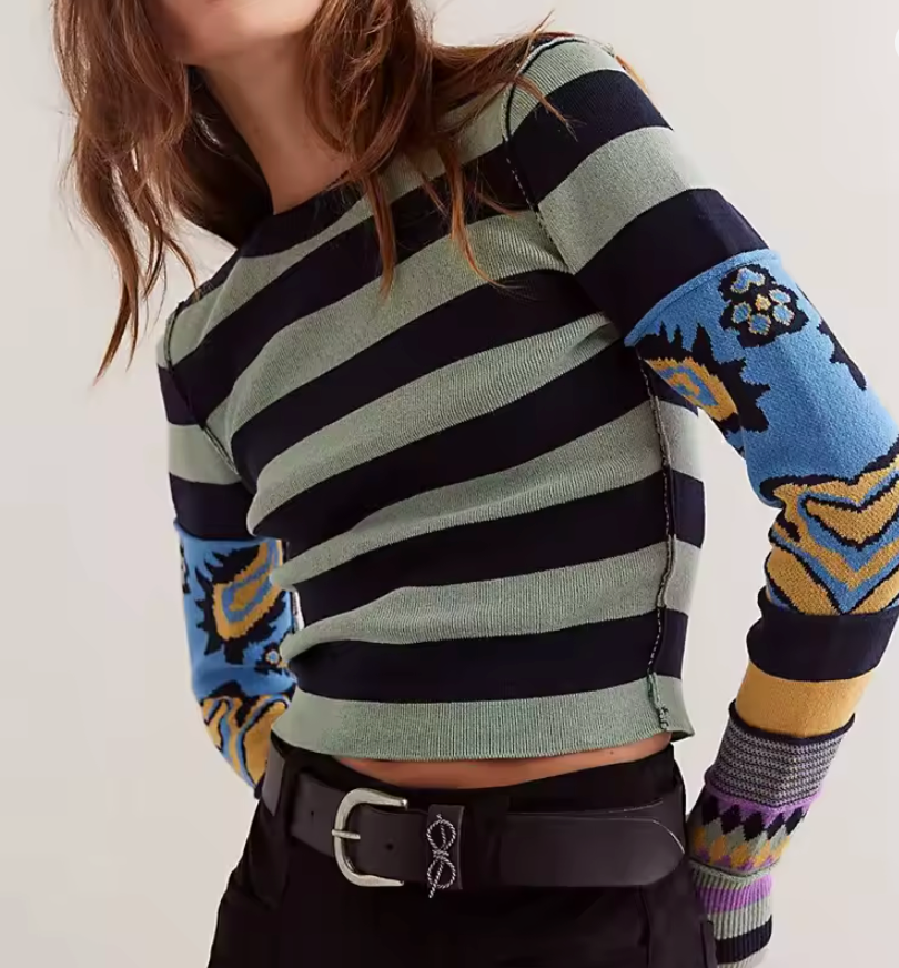 RETRO KNIT STRIP GRAPHIC POOR BOY SWEATER (Color Options)