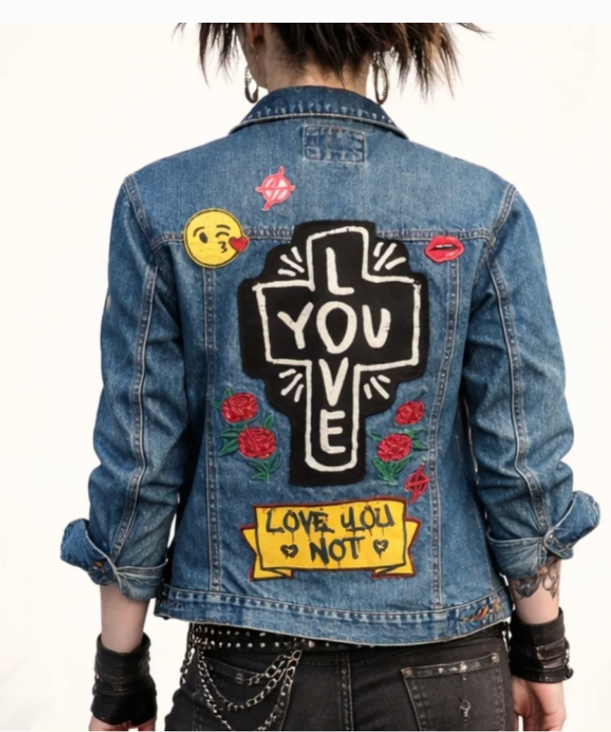 Hippie Bohemian RETRO VINTAGE Love Me Love Me Not Embroidered Denim Jacket 2002