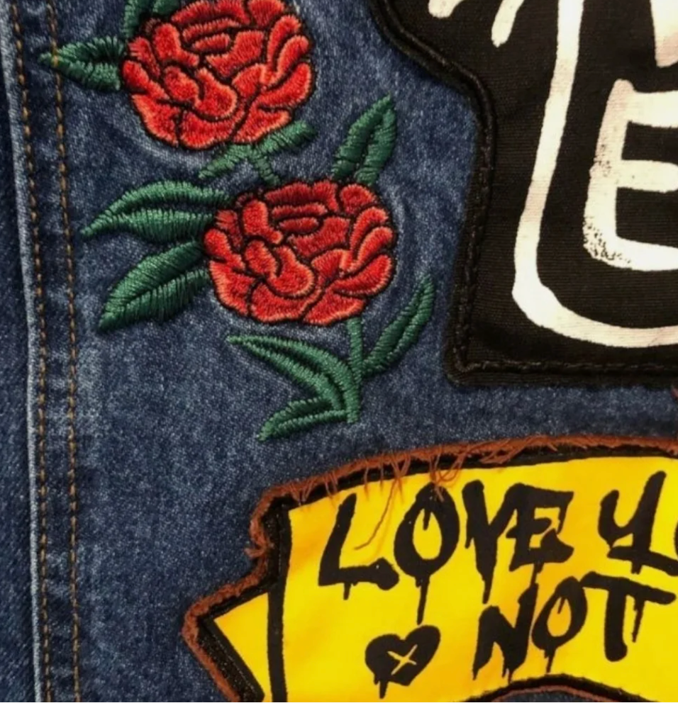 Hippie Bohemian RETRO VINTAGE Love Me Love Me Not Embroidered Denim Jacket 2002