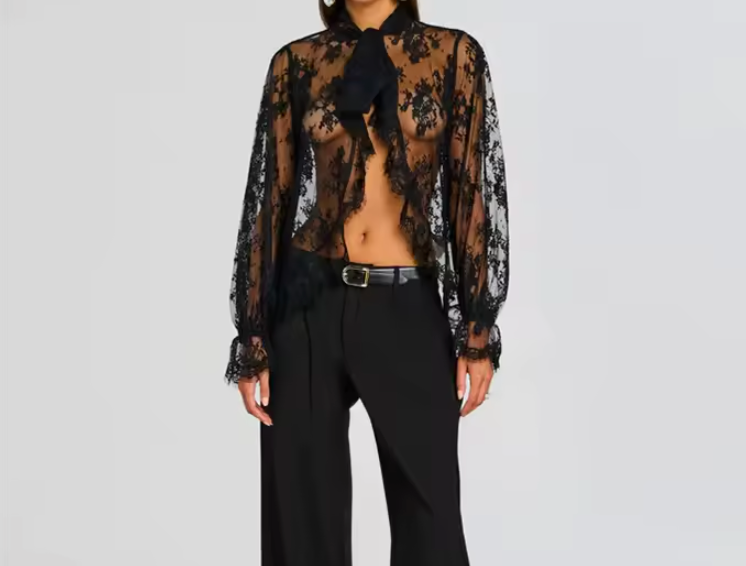 BLACK LACE TIE BOW SHEER BLOUSE