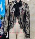 BLACK LACE TIE BOW SHEER BLOUSE
