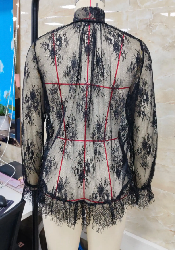 BLACK LACE TIE BOW SHEER BLOUSE